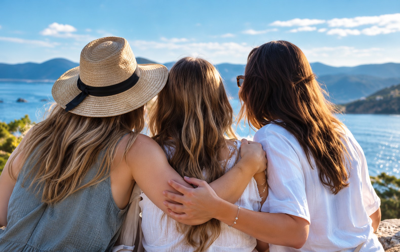 Friends embracing beside the water