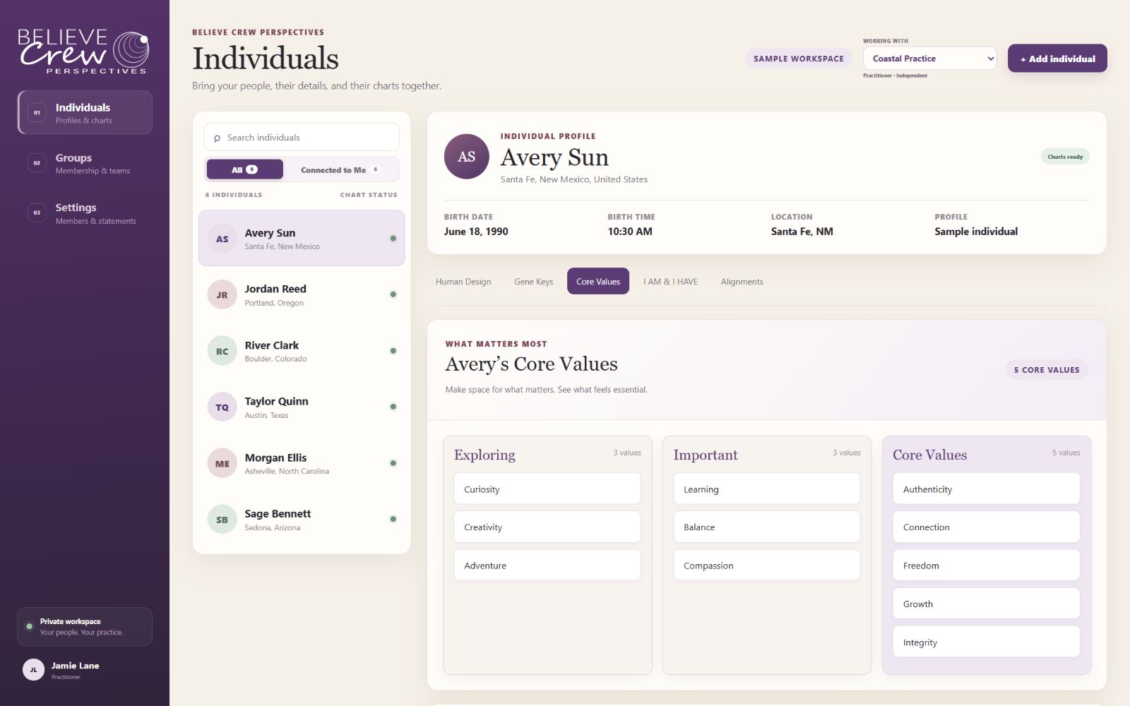 Perspectives sample workspace with fictional people, a sample profile, and Core Values