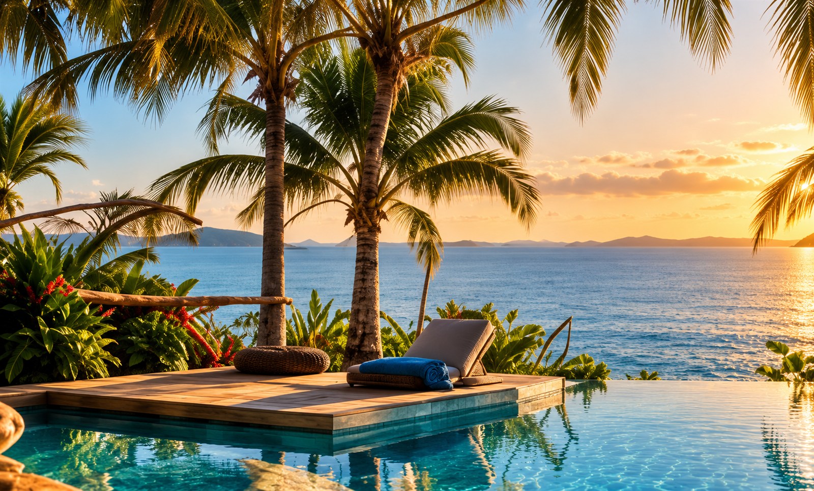 A peaceful coastal retreat with palms and a pool